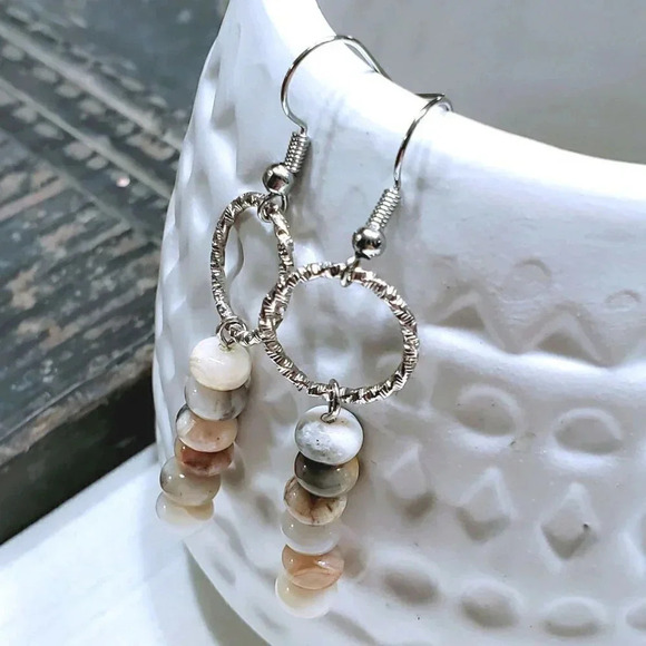 Agate Gemstone Rondelle Beads Textured Silver Ring Handcrafted Earrings - Picture 7 of 11